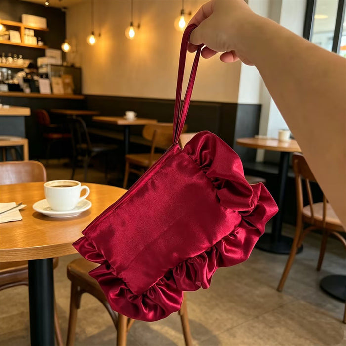 Wholesale Stylish Satin Finish Ruffle Trim Clutch Handbag Wine Red Polyester Small Evening Purse For Women Zipper Closure Party Bag