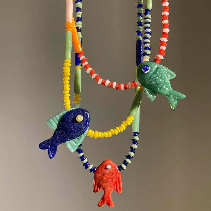 Wholesale Summer Ocean Fish Design Glass Pendant Necklace Electroplated Trendy Collarbone Chain