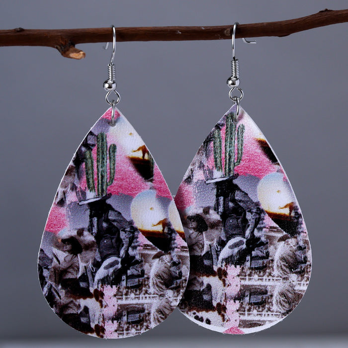 Wholesale Water Drop Shape Leather Sunflower Leaf Stripe Print Earrings JDC-ES-YiTian009