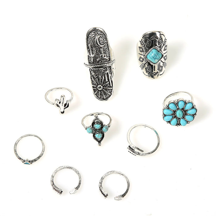 Wholesale Retro Jewelry Cactus Turquoise Sunflower 9-Piece Alloy Set Ring