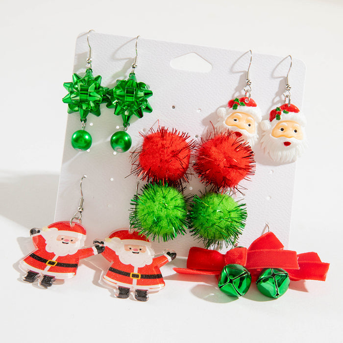 Wholesale Christmas Santa Bell Pom-Pom Earring Set 6-Piece Alloy Iron Fashion Jewelry Gift MOQ≥2