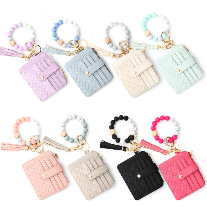 Wholesale Woven Pattern Plaid Card Case Silicone Beads Wrist Bracelet Zipper Bag Multi-Layer Large Capacity Coin Purse Keychain