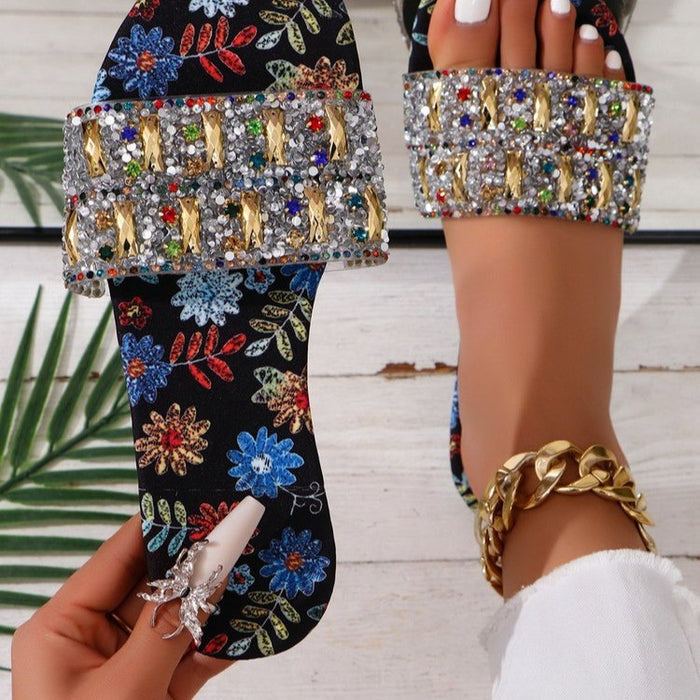 Wholesale  plus size flat-bottomed rhinestone slippers women wear graffiti flowers wear sandals and slippers