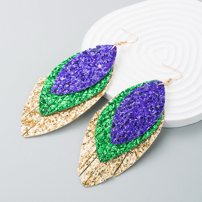 Wholesale Mardi Gras Triple PU Leather Sparkling Leaf-Shaped Leather Earrings