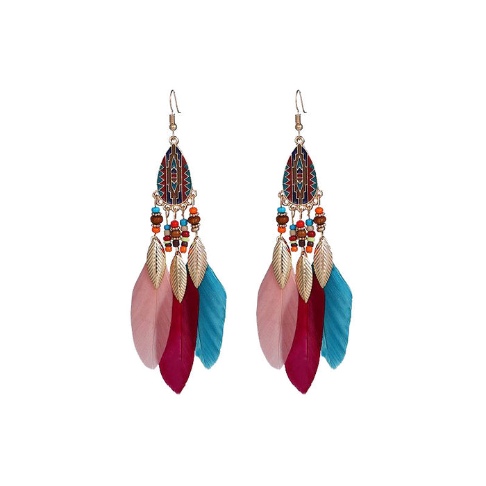 Wholesale Alloy Bohemian Water Droplet Tassel Feather Earrings JDC-ES-Gumi012