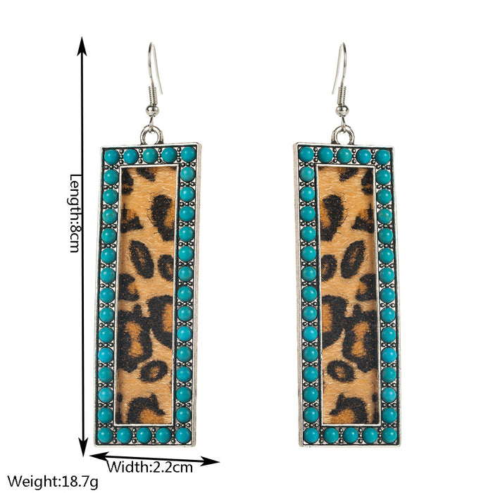 Wholesale Diamond-Encrusted Pink Turquoise Sequin Leopard Print Leather Earrings New Retro Elegant Earrings for Women