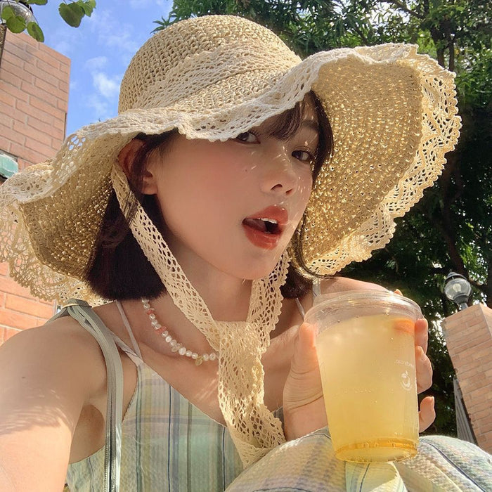 Wholesale Lace lace straw hat with curled edges and hollowed out Lafite sun hat, large brim