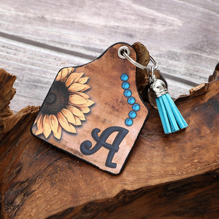 Wholesale Leather Sunflower Letter Tassel Keychain Pendant
