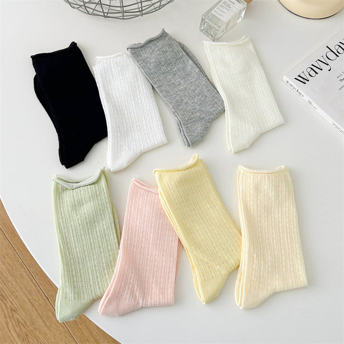 Wholesale Thin socks, children's summer hollow mesh pile socks, rolled edge socks, solid color mid tube socks