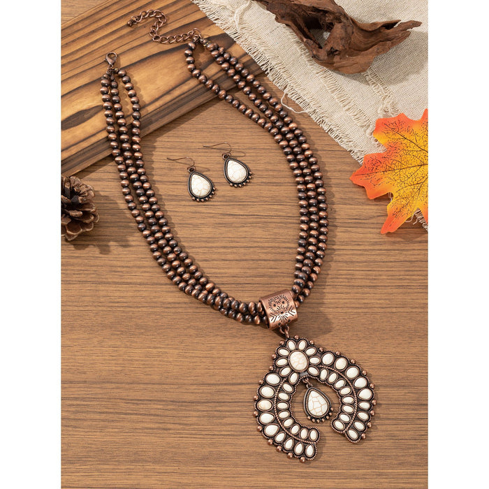 Wholesale Vintage Bohemian Turquoise Flower Earring and Necklace Jewelry Accessory