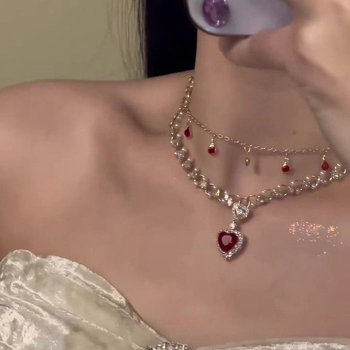 Wholesale Red heart-shaped pearl double layered necklace for a princess, luxurious and high-end, summer collarbone chain