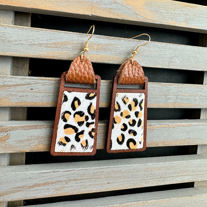 Wholesale Western genuine leather earrings Cow brand geometric hollow inlaid leopard print classic exaggerated earrings