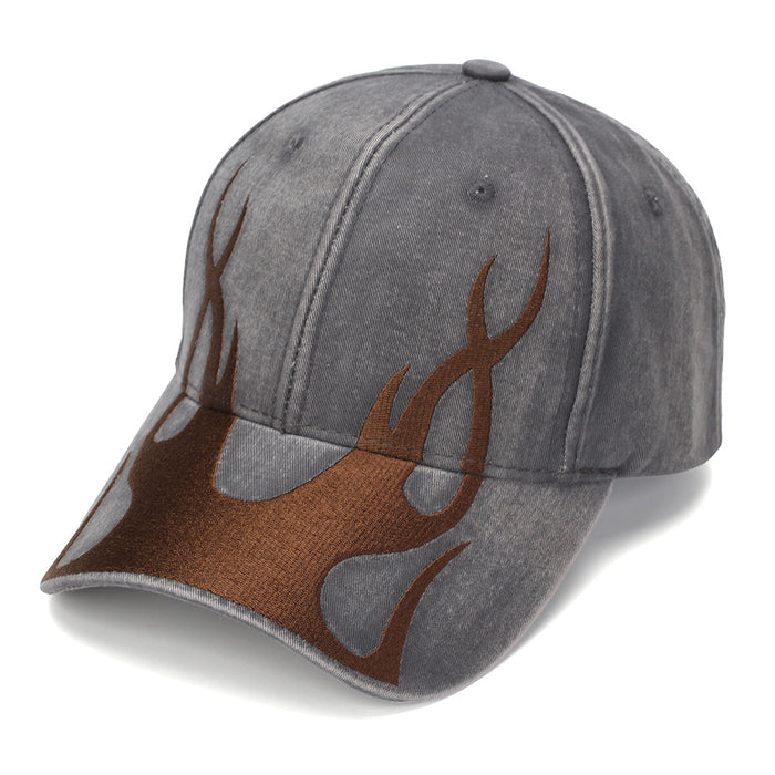 Wholesale Flame Embroidery Washed Baseball Cap Vintage Street Style Curved Brim Hats Unisex