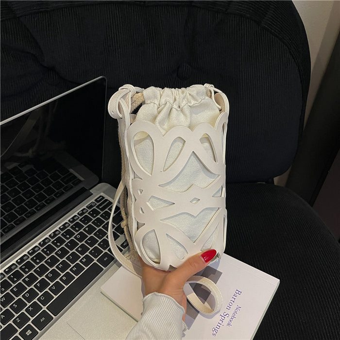 Wholesale  Autumn Street Style Hollow Cylinder Drawstring Bag Black P. U.  Medium Fashion Accessory