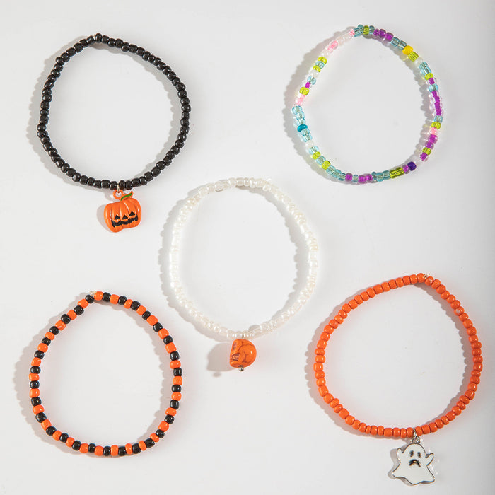 Wholesale Halloween Dark  Skull Ghost Pumpkin 5-Piece Anklet Set Plastic Resin Beaded Fashion Accessory MOQ≥2