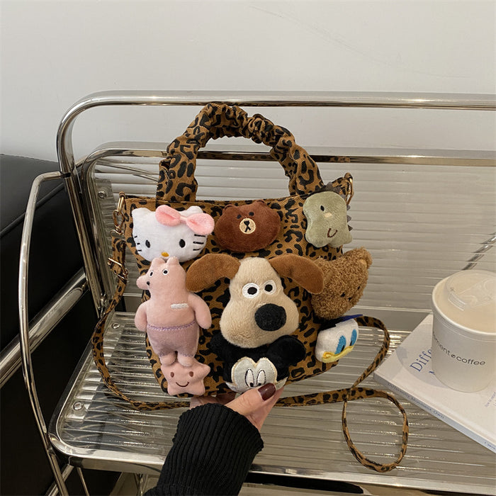 Wholesale Cartoon Puppy Doll Handbag Women's Leopard Tote Bag Personalized Crossbody Canvas Bag