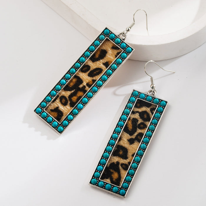Wholesale Diamond-Encrusted Pink Turquoise Sequin Leopard Print Leather Earrings New Retro Elegant Earrings for Women