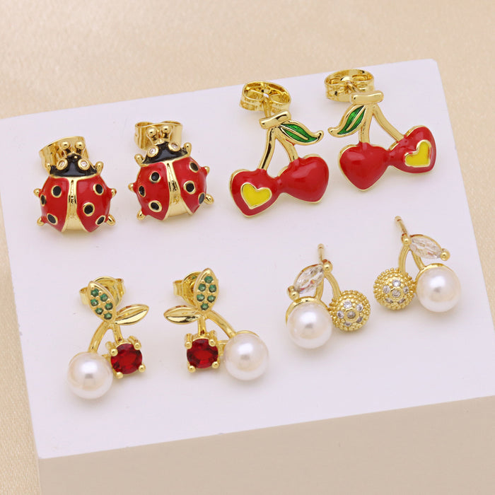 Wholesale Colorful oil-dripping cherry ladybug earrings