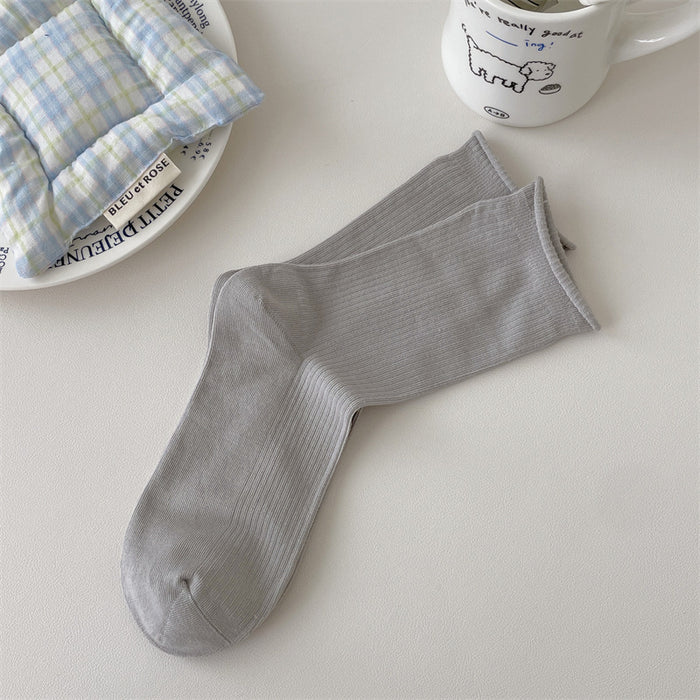 Wholesale Boneless solid color rolled edge vertical strip thin breathable cotton elastic mouth middle tube stacking socks