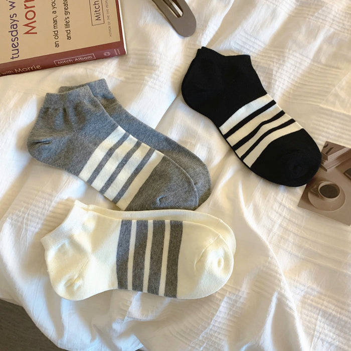 Wholesale Four bar striped boat socks, short socks, low cut pure cotton short tube socks