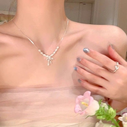 Wholesale Lace Bow Pearl Necklace Chic Women' s Collarbone Chain Jewelry