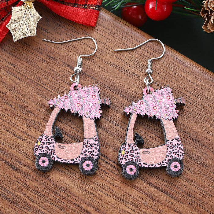 Wholesale Christmas Hollow Pink Christmas Tree Pendant Earrings
