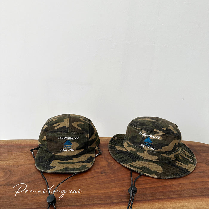 Wholesale Mountaineering fisherman hat, washed drawstring camouflage flat brimmed baseball hat, outdoor children's sunshade hat
