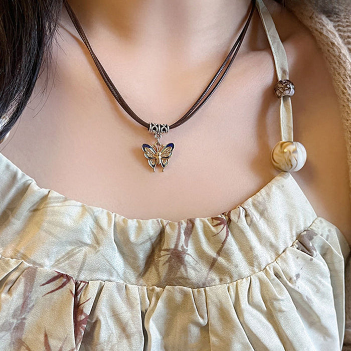 Wholesale Retro leather rope butterfly pendant necklace, niche design, collarbone chain, neck chain
