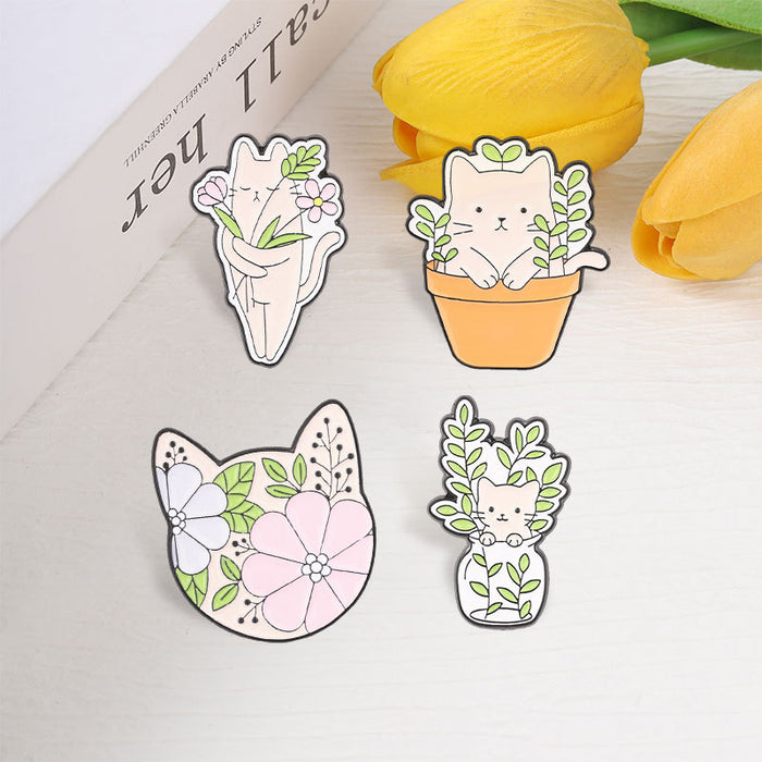 Wholesale Chic Zinc Alloy Cat Floral Brooch Pin Cartoon Potted Plant Enamel Badge Trendy Fashion Accessory
