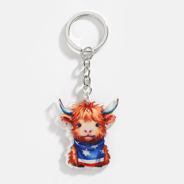 Wholesale 12PCS American Independence Day Acrylic Highland Cow Keychain JDC-KC-HuiWen008