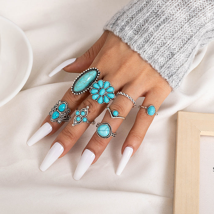 Wholesale Ethnic Style Retro Turquoise Carved Feather Ring Fashionable and Personalized 8-Piece Combination Ring Set