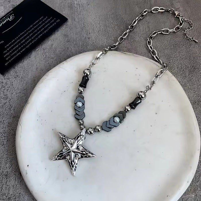 Wholesale Vintage silver bead necklace, simple, neutral, high-end pentagram pendant accessory