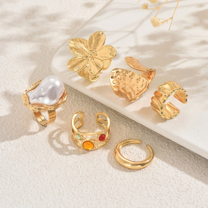 Wholesale Geometric Ring Set Niche Floral Inlaid Pearl Design Open Index Finger Ring