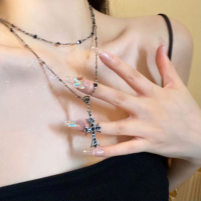 Wholesale Cross necklace pendant, double-layer layered necklace, zircon collarbone chain
