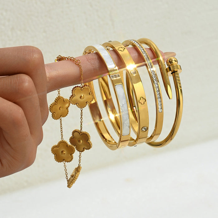Wholesale Stainless Steel Gold Bangle Set With Rhinestones Chic Four Leaf Clover Design Fashion Jewelry Accessory