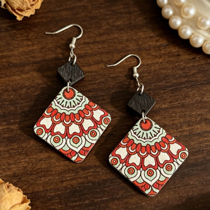 Wholesale Wood Mandala Rhombus Double-Layer Earrings – Red Green Vintage Ethnic Accessory