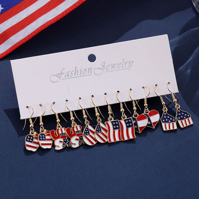 Wholesale Red White Blue Star Striped Heart Pendant Earring Set Patriotic Jewelry Accessory