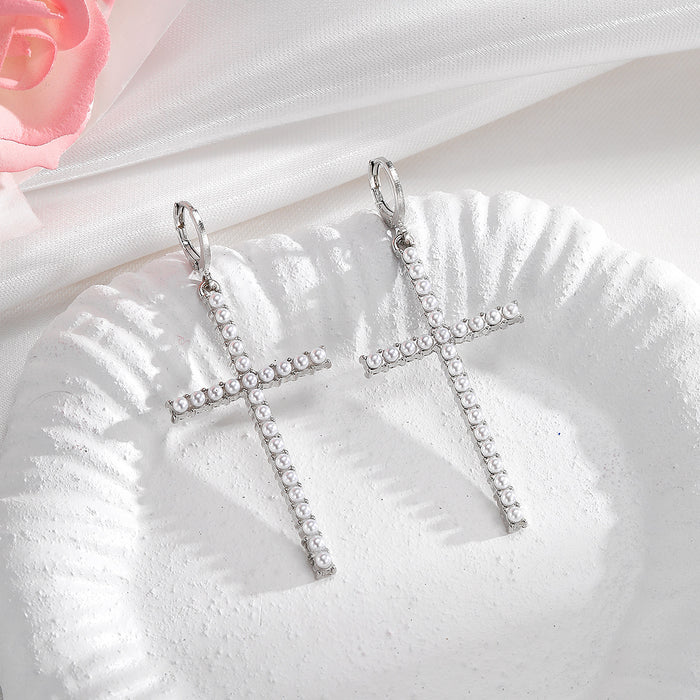 Wholesale cross earrings women's diamond imitation pearl earrings