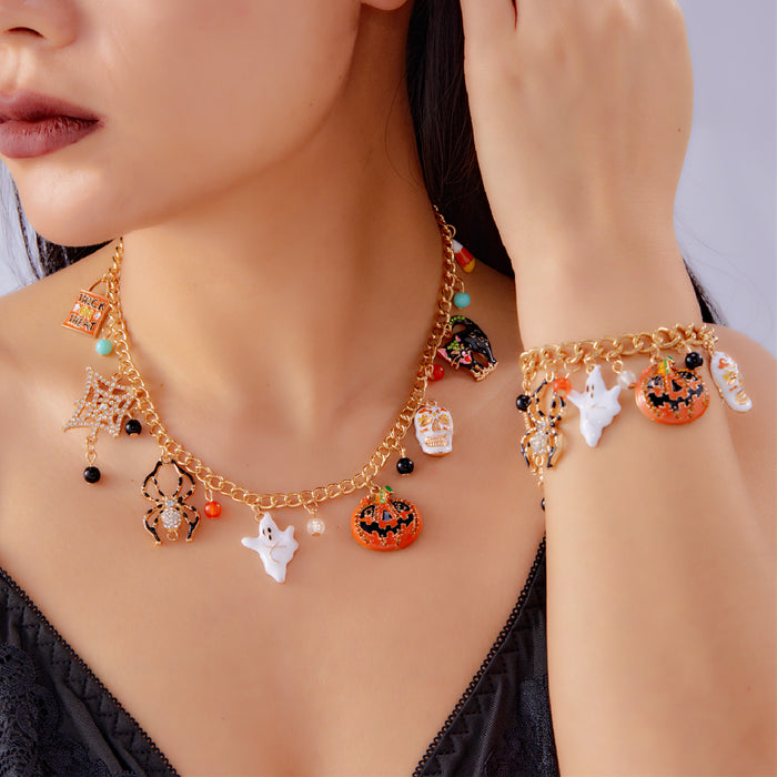 Wholesale  Pumpkin  Skull Necklace Bracelet Creative Ghost Black Cat Diamond Jewelry Set