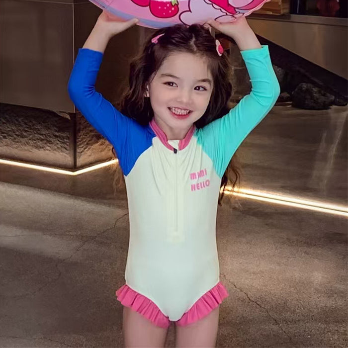 Wholesale Girls' Swimwear Children's Polyester Long Sleeve  Girl Hot Spring Dopamine Color-matching Swimsuit for Vacation