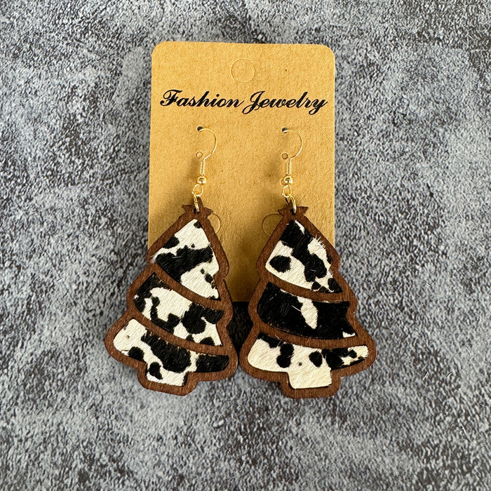 Wholesale Christmas tree leopard print horse hair earrings wood inlaid cowhide light western holiday gift