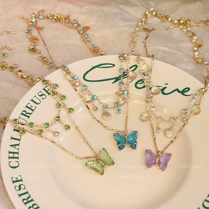 Wholesale Butterfly Double Layer Tassel Choker Necklace Metal Crystal Summer Chic Jewelry MOQ≥2