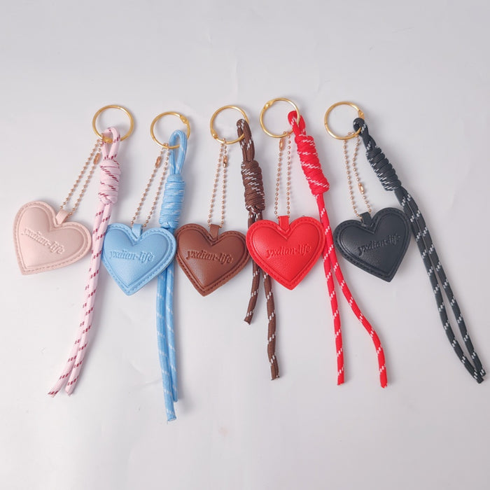 Wholesale Heart Shaped PU Leather Bag Charm Keychain Black Embossed With Braided Rope Car Hanging Ornament Boutique Resale Gift