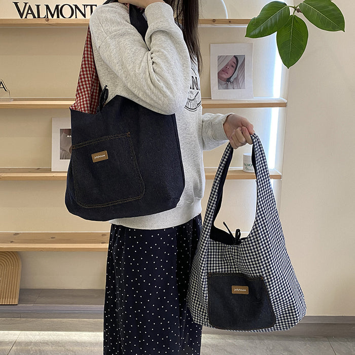 Wholesale Cowboy plaid double-sided shoulder bag, versatile class backpack, casual commuting tote bag