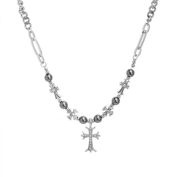 Wholesale Small niche design titanium steel zircon cross splicing necklace, sweet and versatile sweater chain