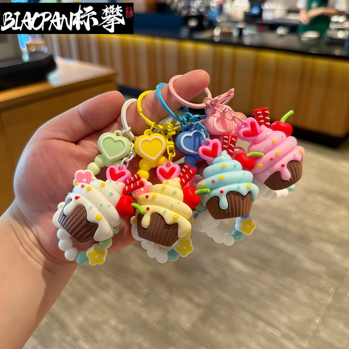 Wholesale PVC Ice Cream Cone Keychain With Love Rope Cartoon Bag Charm For Junior Gift