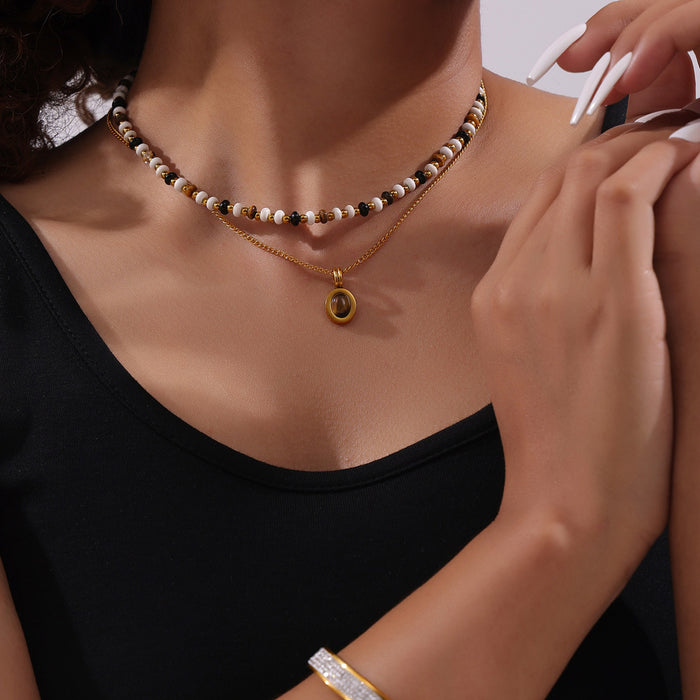 Wholesale Natural Stone Beaded Design Necklace Tiger Eye Pendant Double Layer  Chain