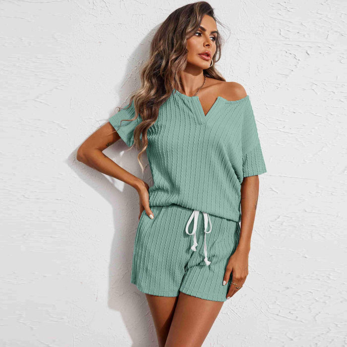 Wholesale Home wear pajama set knitted jacquard fabric short sleeved shorts two-piece set