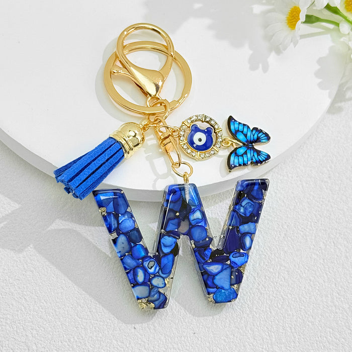 Wholesale Royal Blue 26 Letter Keychain with Evil Eye Butterfly Tassel Pendant