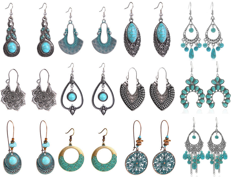Wholesale Bohemian turquoise earrings with retro and nostalgic style earrings set